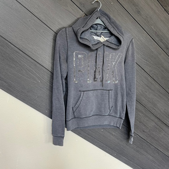Victoria's Secret PINK Women's Hoodie Metallic Logo‎ Pullover XS Gray Loungewear - Picture 3 of 6
